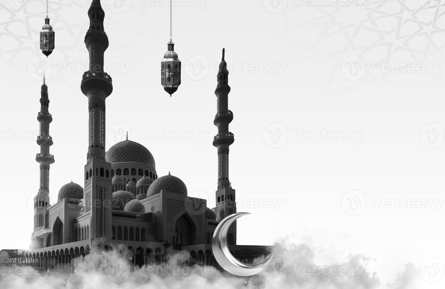 A black and white photo of a mosque with a moon hanging from it  .a background for Ramadan. Social media posts .Muslim Holy Month Ramadan Kareem .Ramadan Mubarak beautiful greeting card