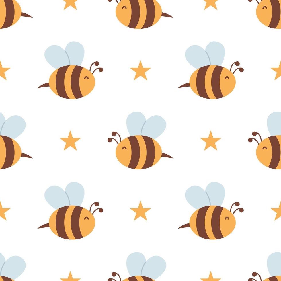 Vector seamless pattern with bees and stars. Striped honey bee and yellow stars on white background. Pattern with bumblebees.