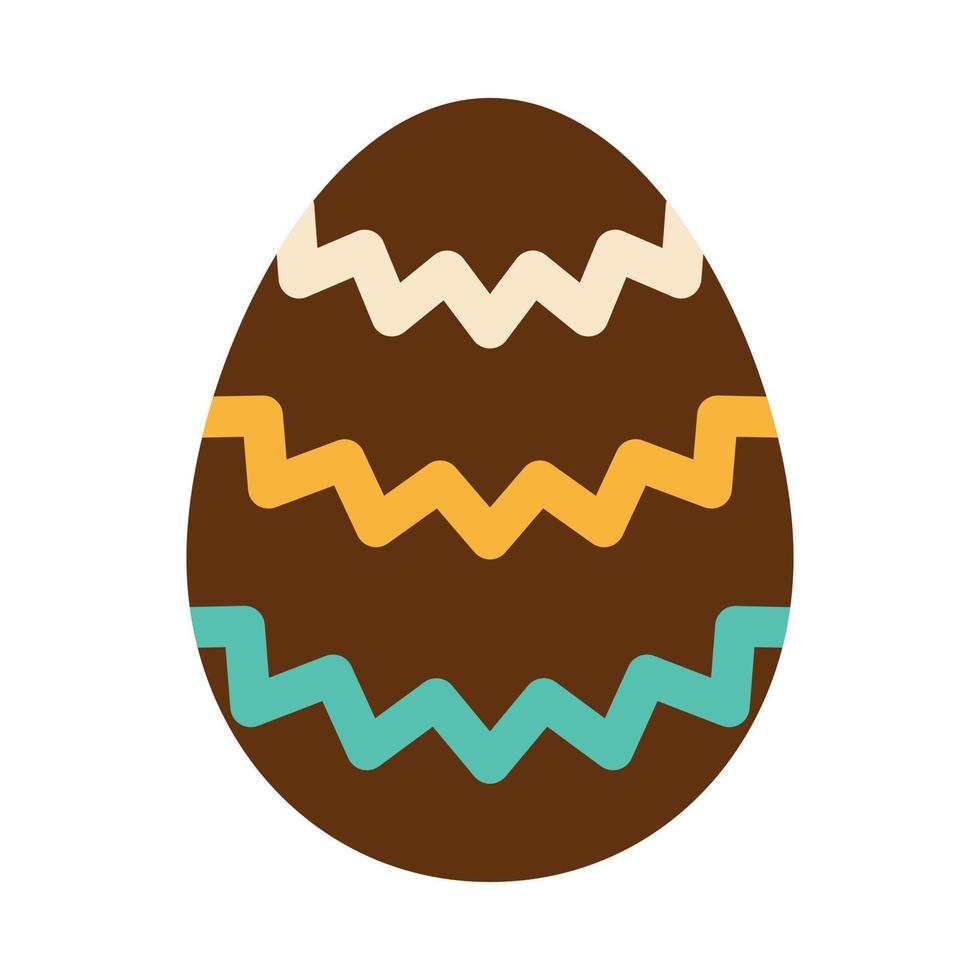 Easter brown egg with wave ornament. Green and yellow zig zags. Egg hunt. Easter tradition. Chocolate egg in flat design. vector