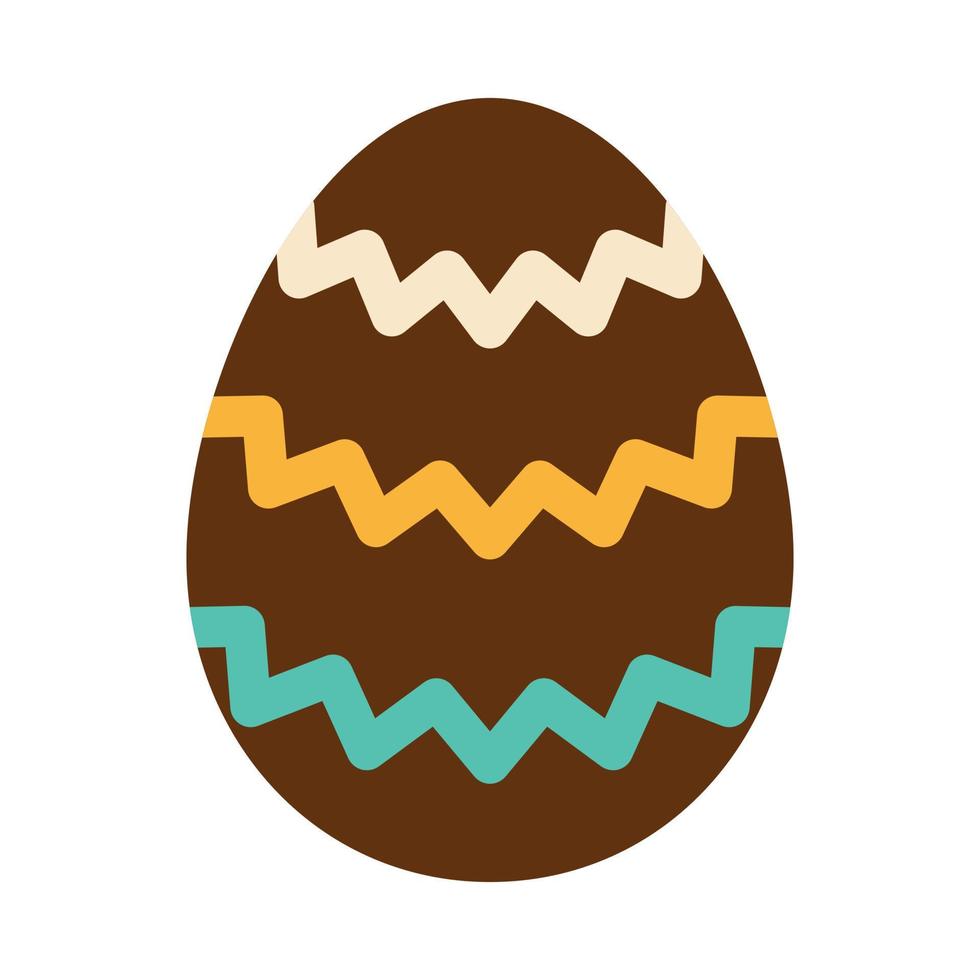 Easter brown egg with wave ornament. Green and yellow zig zags. Egg hunt. Easter tradition. Chocolate egg in flat design. vector