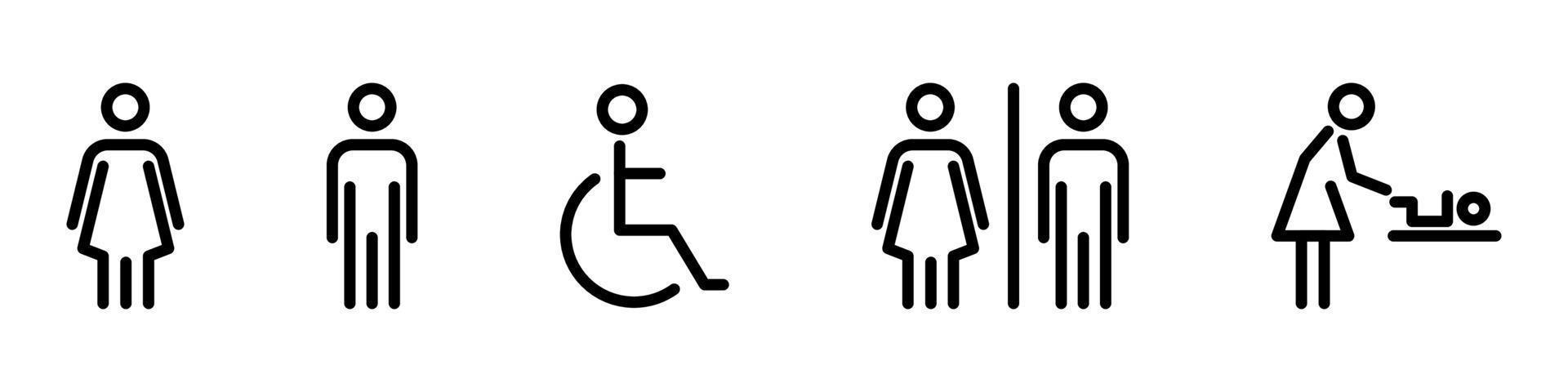 Vector toilet line icon set. Editable stroke. Bathroom for men, women, mothers with baby and handicap. Collection of restroom signs. Toilet for male, female, parents with child and disabled. WC.