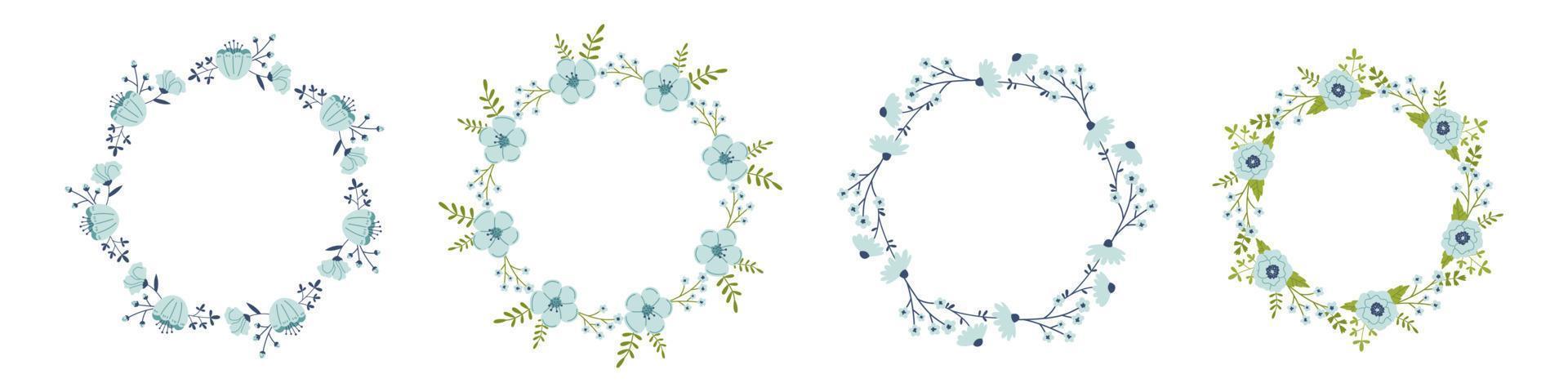 Vector set of floral wreaths in flat design. Collection of text templates with spring plants in blue colors. Flower round frames copy space. Flower wreaths for greeting cards and invitations.