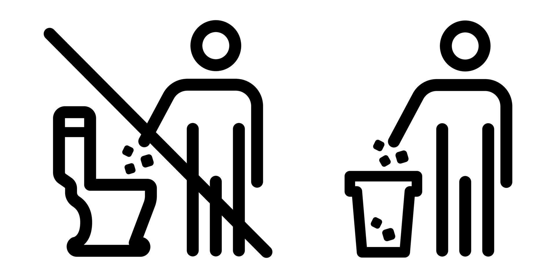 Do not throw trash in toilet, throw garbage in bin. Vector line no toilet littering icon. Please do not litter in toilet, drop litter in trash can. Editable stroke. Keep clean sign.
