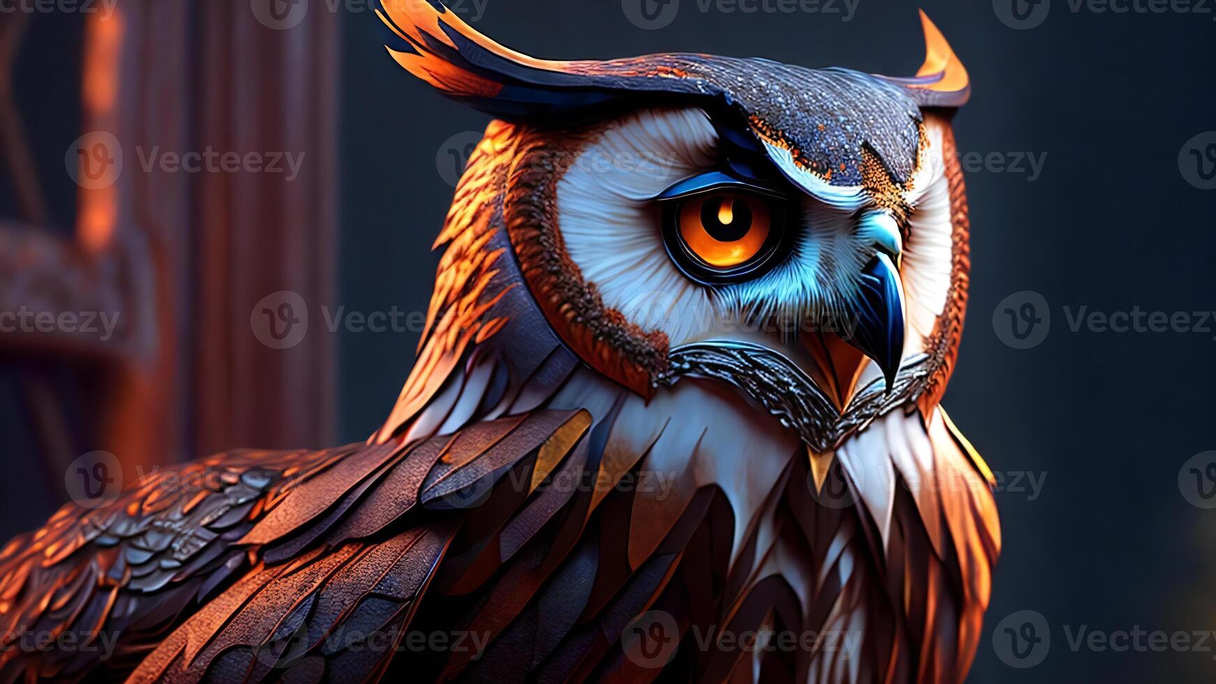 Close up of owl. Highly detailed digital painting and atmospheric lighting. photo