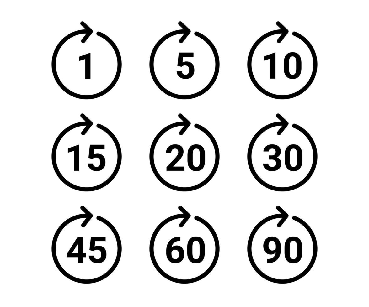 Time and clock, timer of circle arrow with number icon set. Sign one minute, five, ten, fifteen or more minutes. Circular loop indicates deadline or cooking time, countdown. Vector illustration