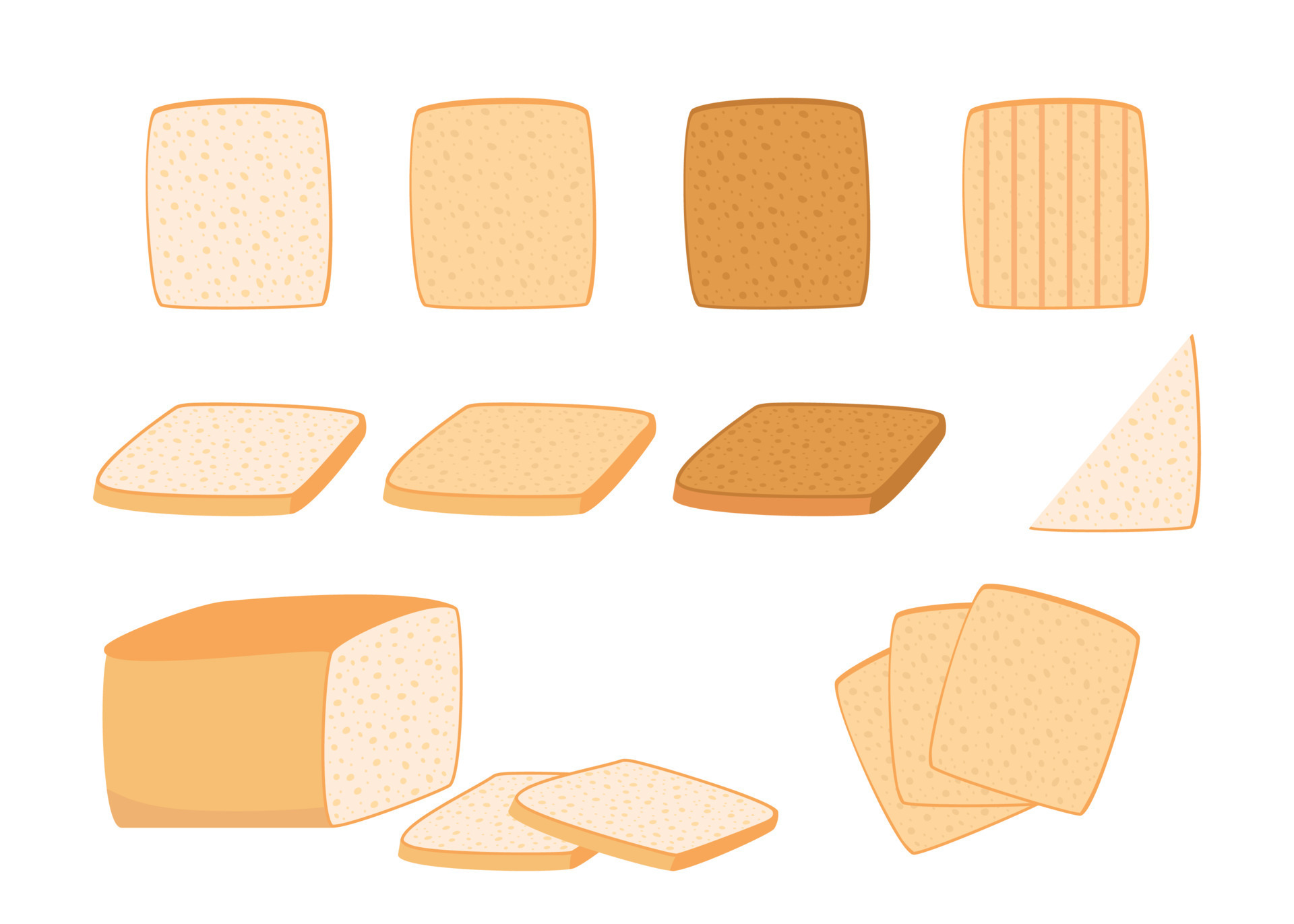 Toast bread cut slice from wheat set. Toasted piece bakery food. Slices