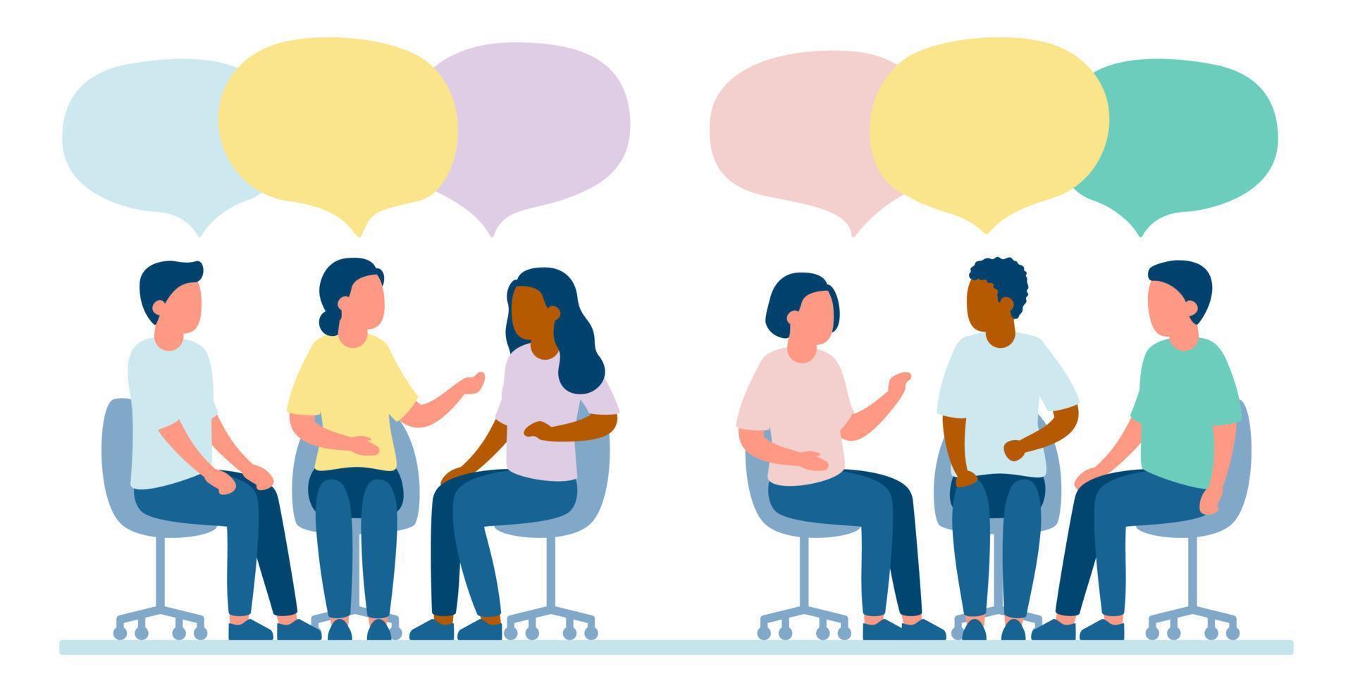 Meet of team of people for talk, dialog, communication, discussion, business relationship. Discuss problems together, exchange opinions of team worker. Support group. Vector illustration