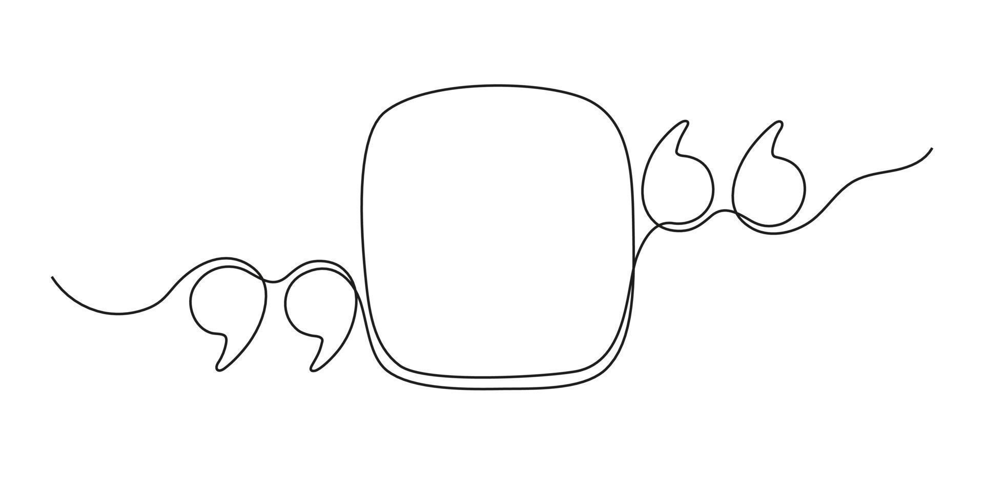 Quote continuous line in square speech bubble with commas, quotation mark in talk, single drawing. Quote mark, freehand one line hand drawn style. Vector