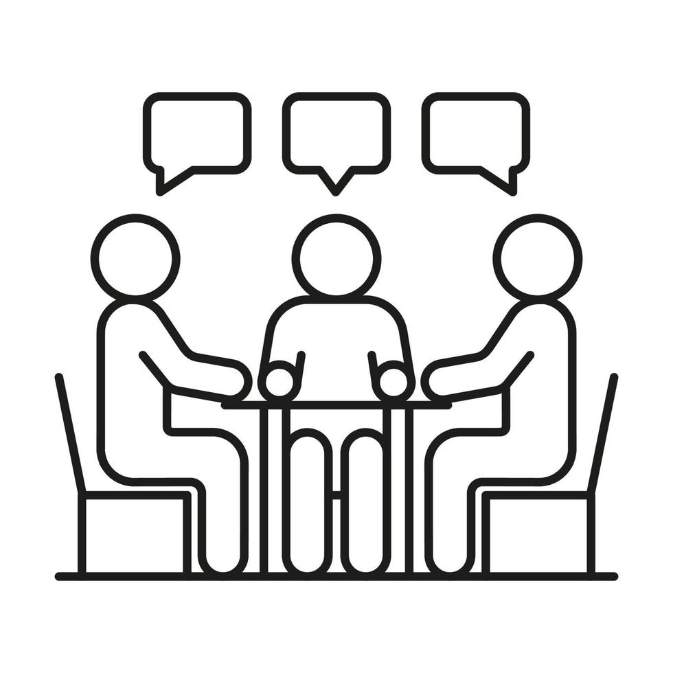 Group people seat at table, conversation, discussion, meeting icon line. Man communication on work in team, equality partnership. Vector illustration
