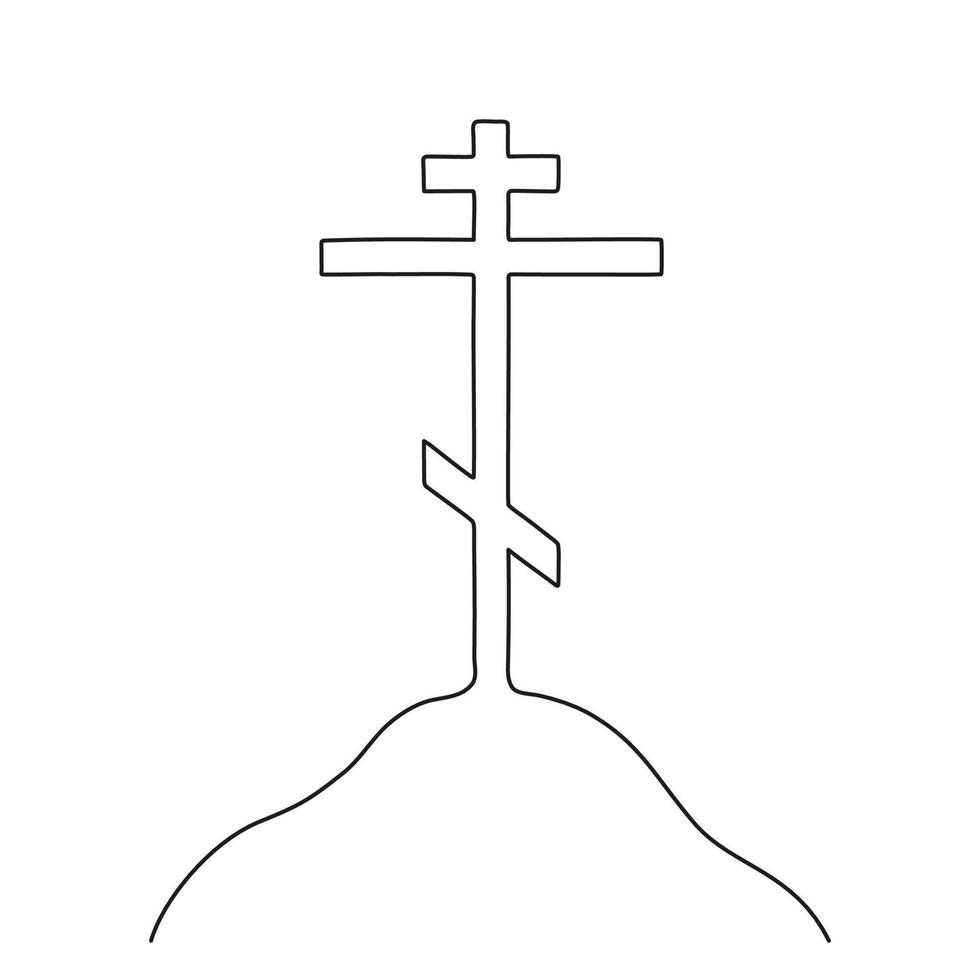 Christian cross on hill, continuous single line drawing. Traditional religion symbol. Church sign of christianity, cross one line art hand drawn. Vector illustration