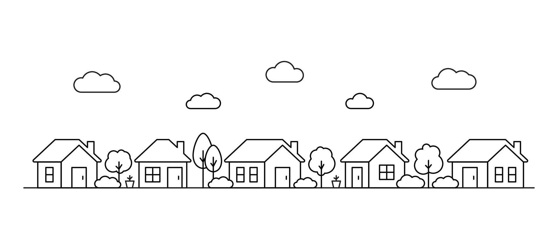 Neighborhood small house, line art. Street building, real estate architecture, apartment. Facade home in country city landscape. Vector illustration