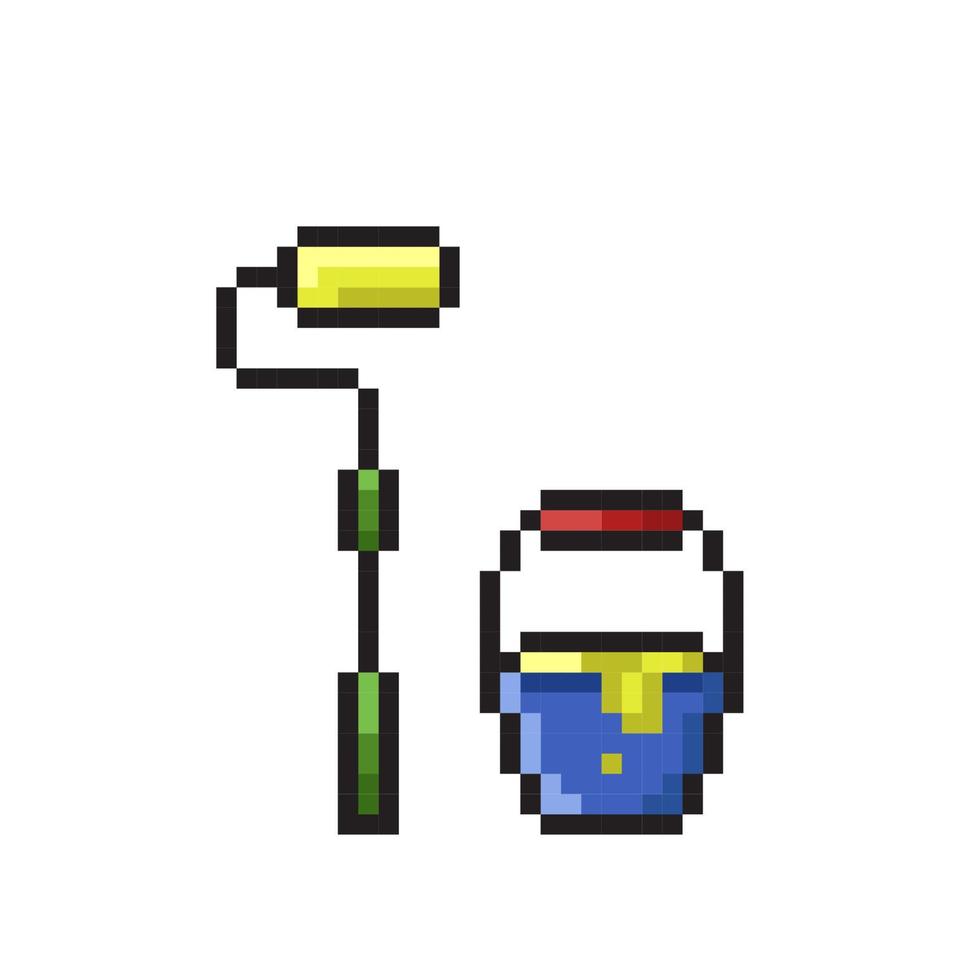 paint roller and paint bucket in pixel art style vector