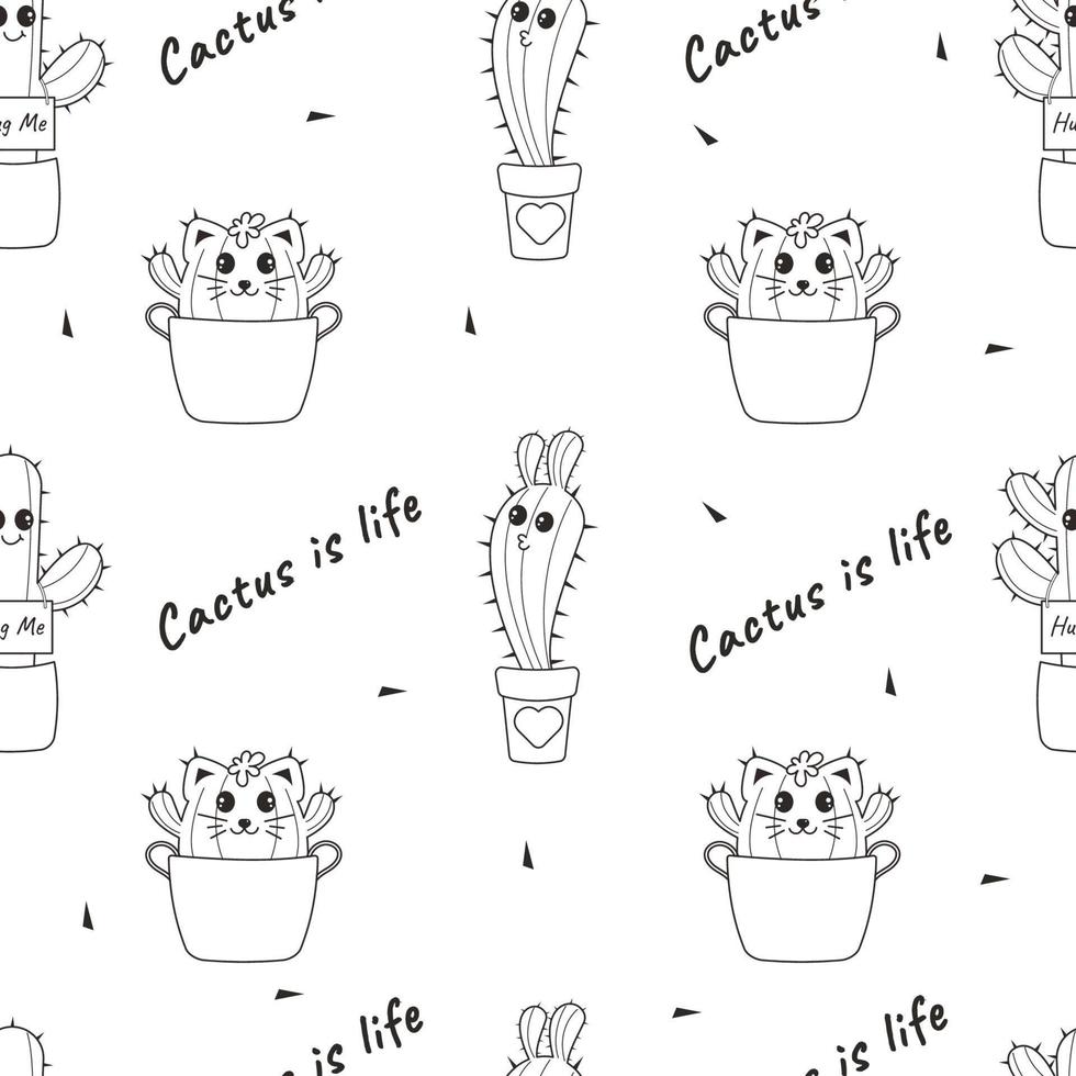 Seamless pattern of fun kawaii cactus sketch. Cactus is life vector
