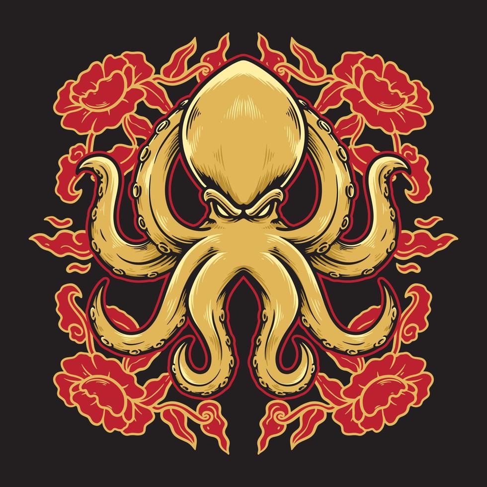 Octopus and Red Flower Illustration. Vector illustrations for your work logo, merchandise t-shirt, stickers and label designs, poster,