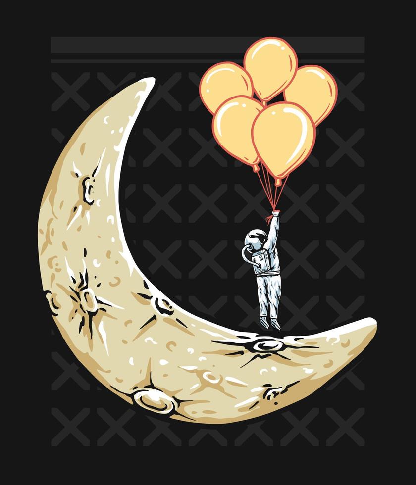 Astronaut hanging five balloons and the moon illustration vector