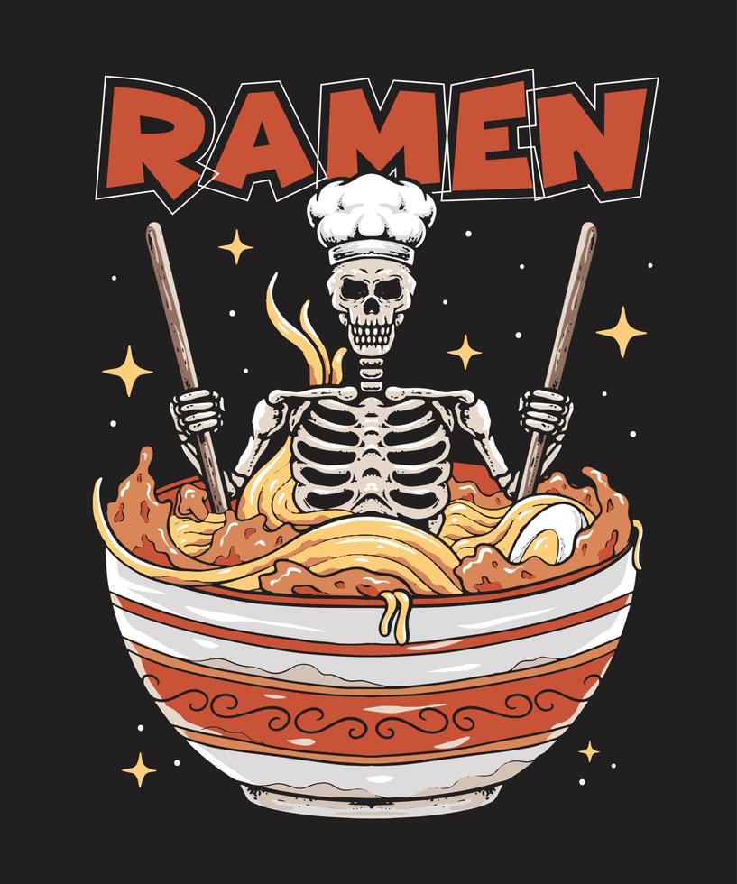 Skeleton relaxing in a bowl of Ramen. Japanese food Illustration for T shirt print vector