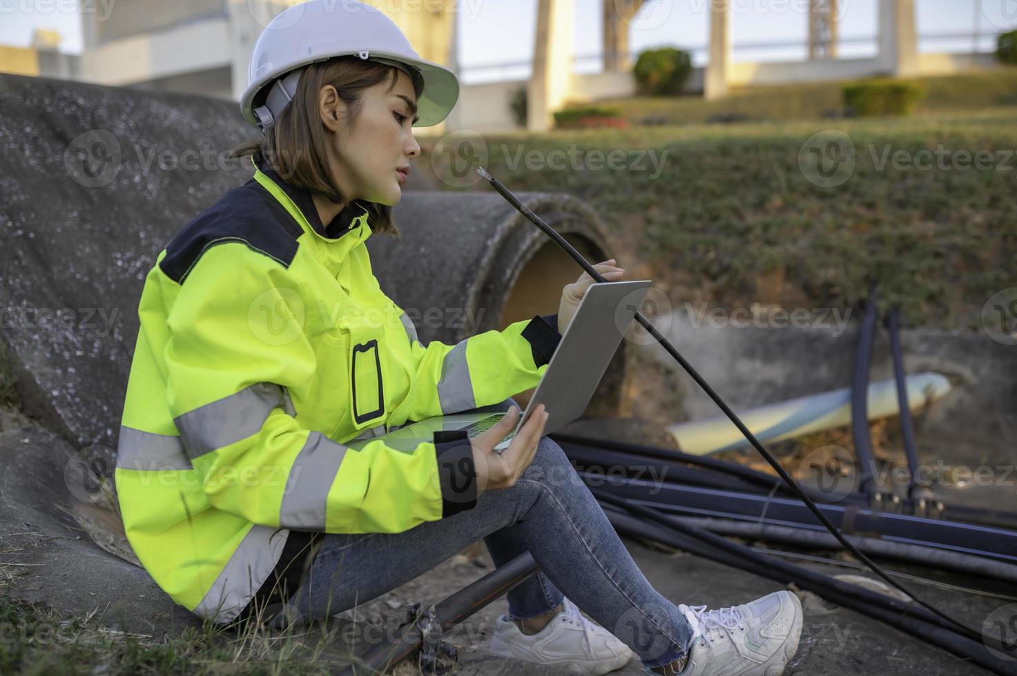 Telecommunication engineers work at cell towers for 5G cell phone signals,Network tower maintenance technicians photo