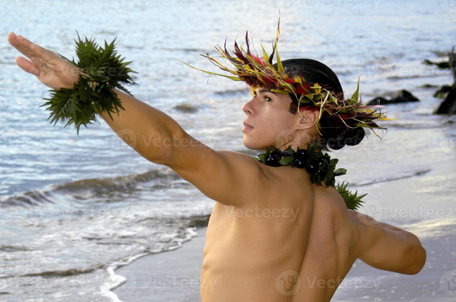 Handsome Hawaiian male hula dancer in a traditional pose. photo