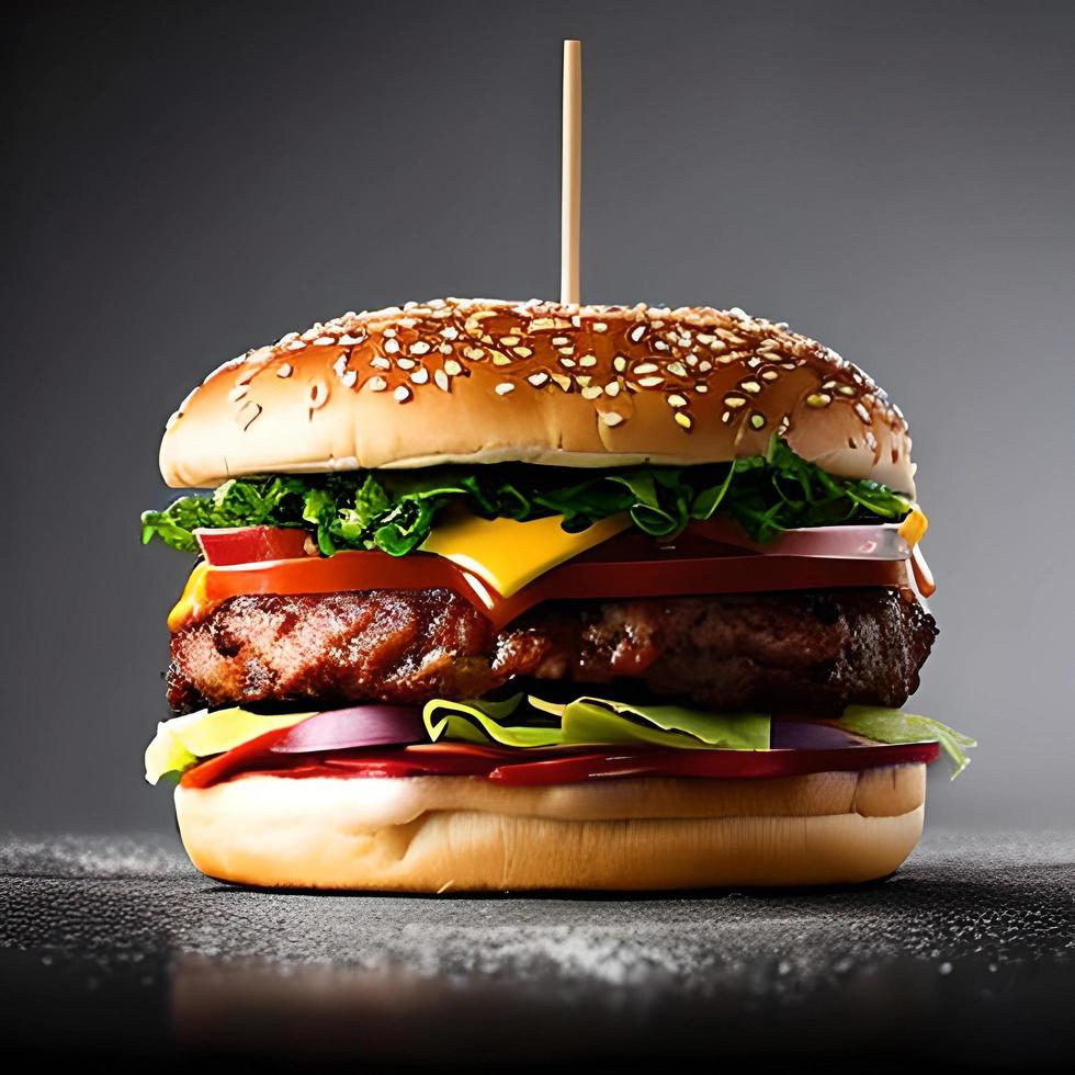 grande sabroso hamburguesa con carne de res, queso lechuga, tomate, lechuga y vegetales en oscuro antecedentes foto