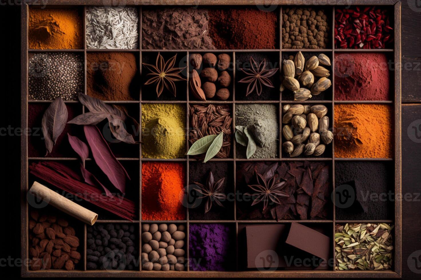 A box of spices with one of the many spices in it photo