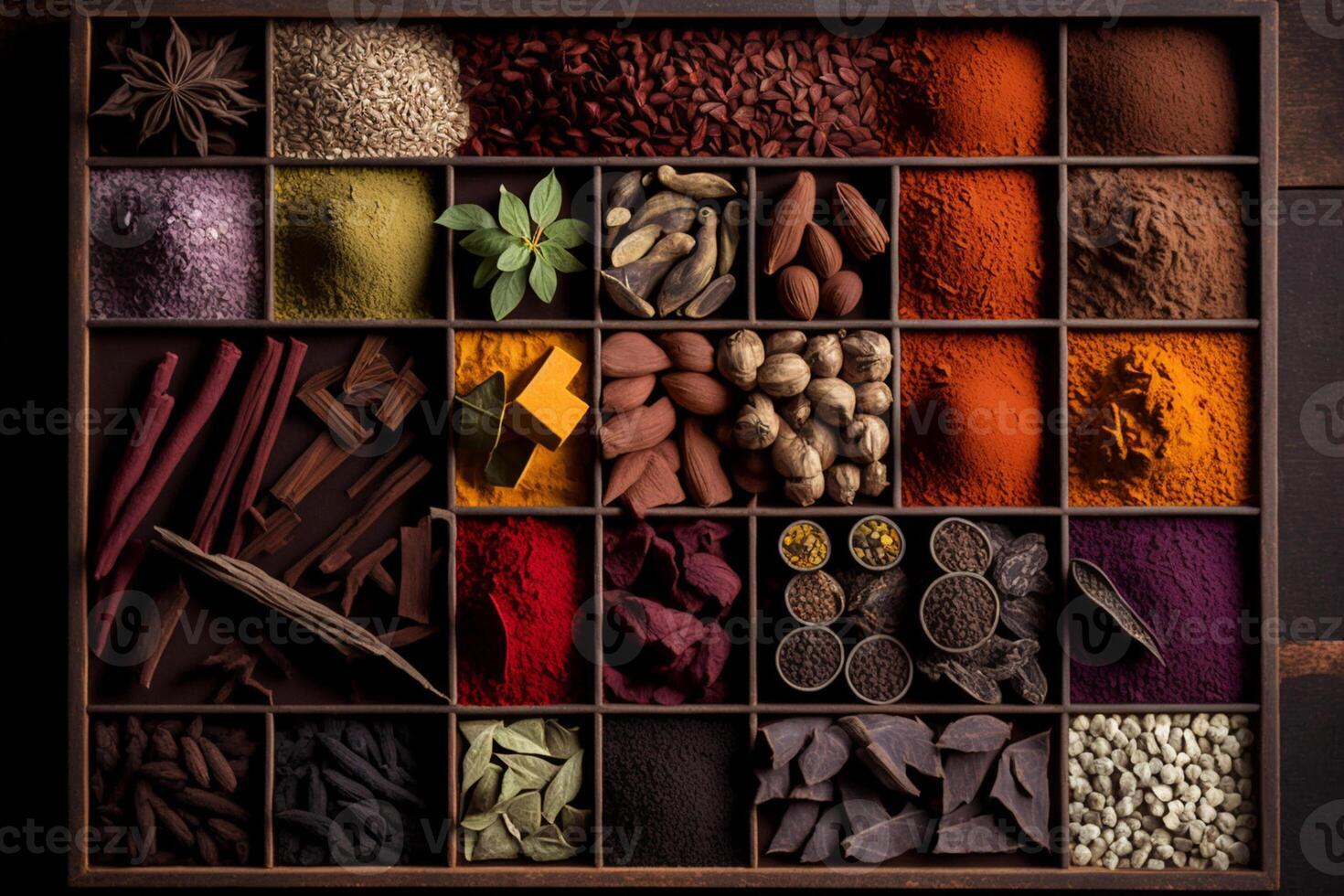 A box of spices with one of the many spices in it photo