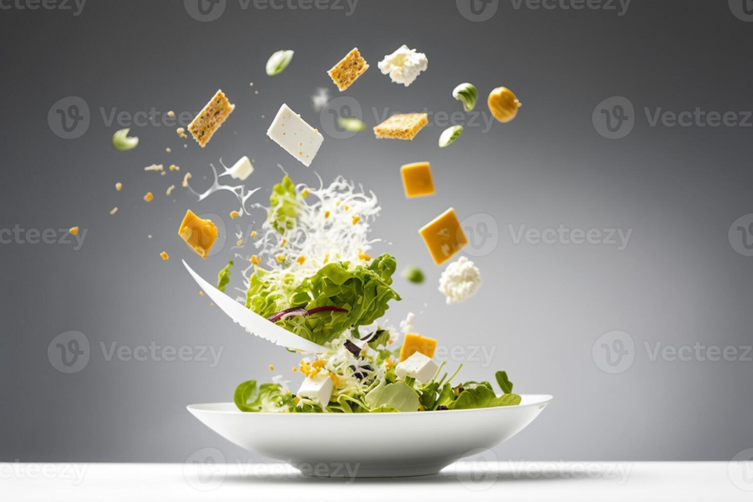 Healthy salad with flying vegetables and cheese on grey background. Mixed media photo