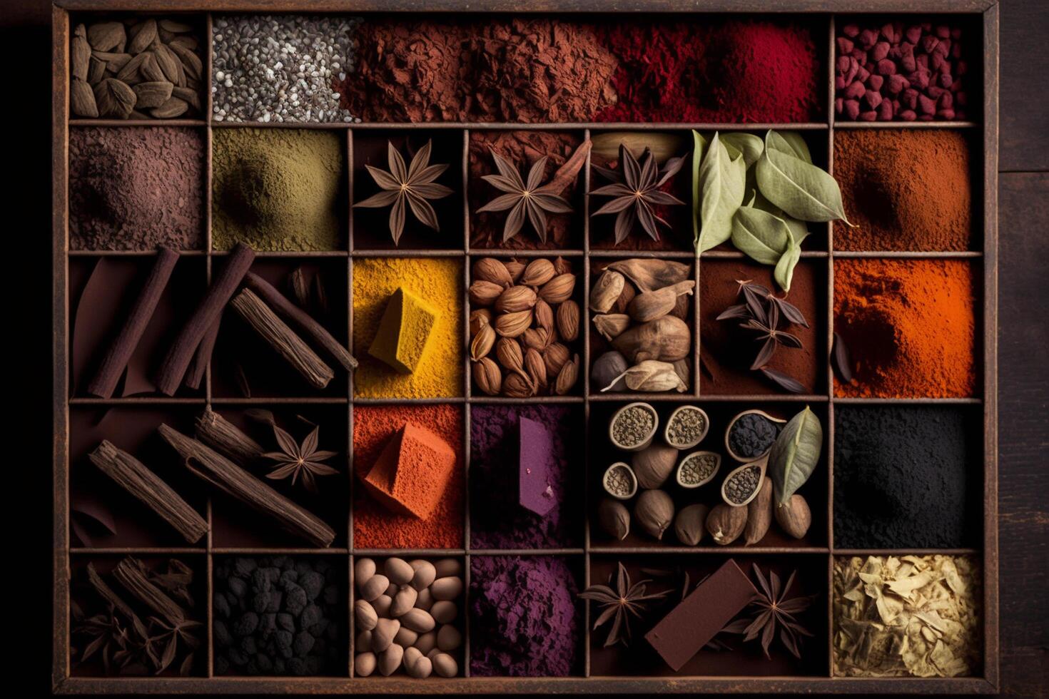 A box of spices with one of the many spices in it photo