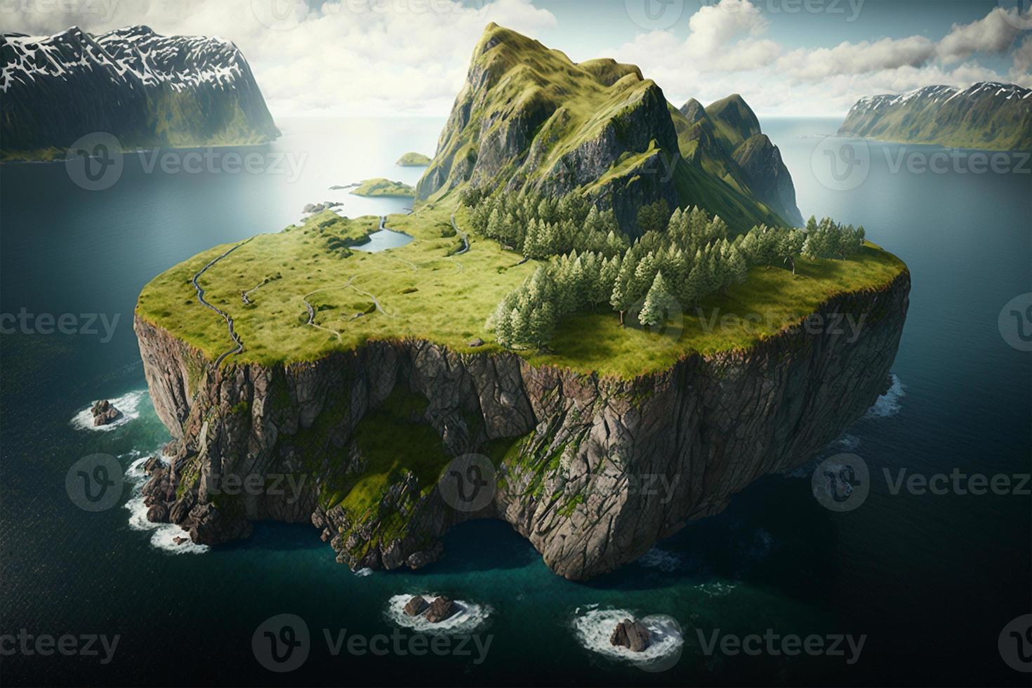 Aerial view of a beautiful island in the ocean, realistic manipulation image AI Generate photo