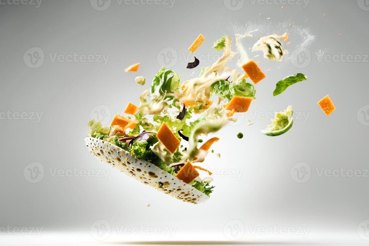 Healthy salad with flying vegetables and cheese on grey background and photo