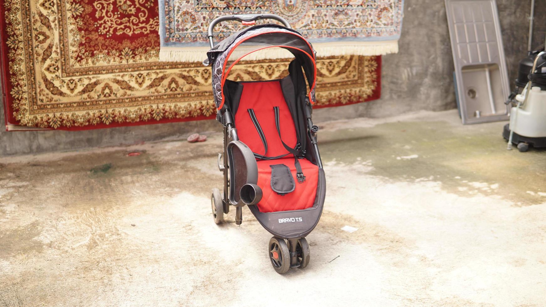 close up baby stroller photographed from the front photo