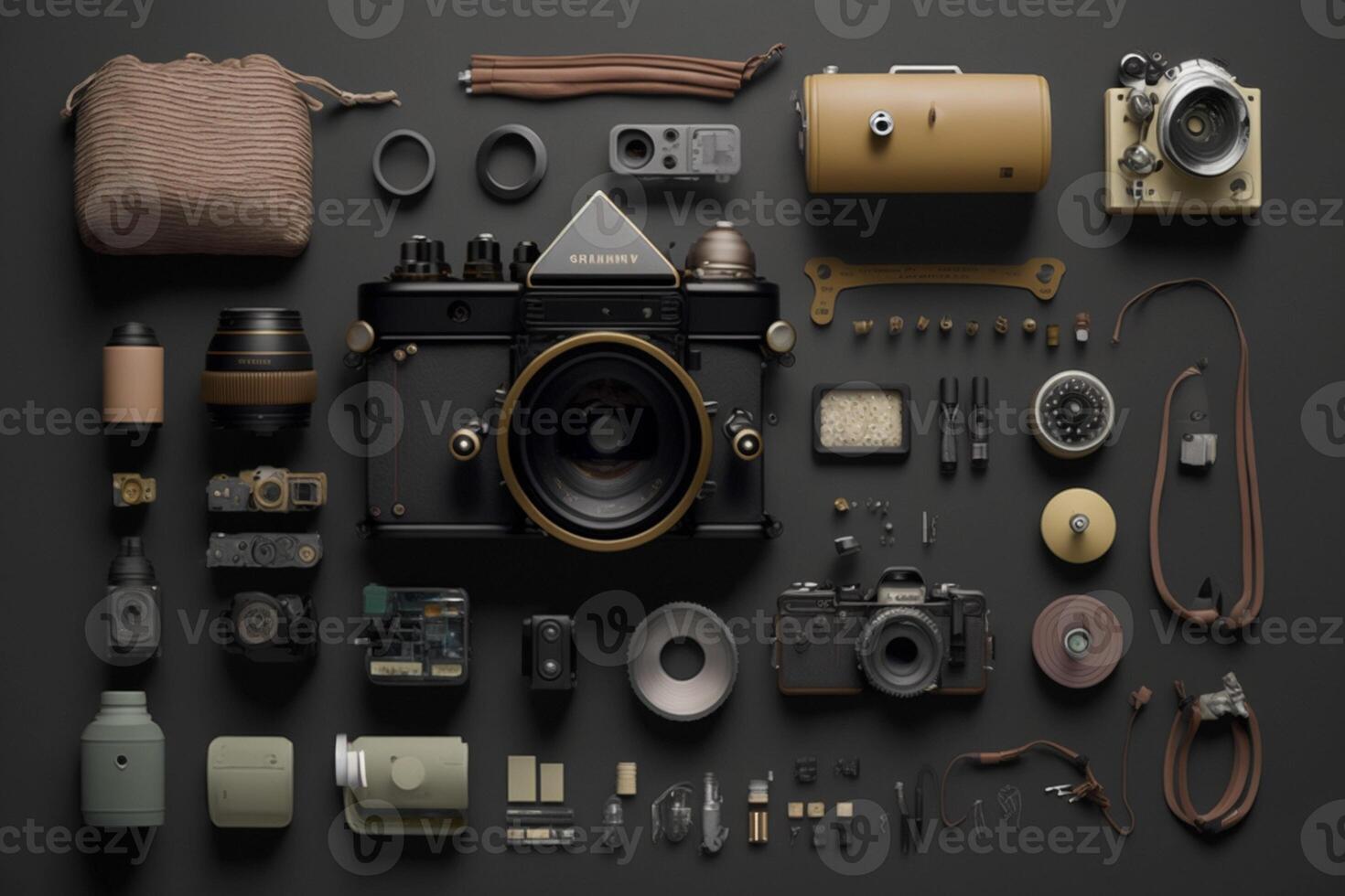 A camera is surrounded by other cameras and accessories including a camera photo