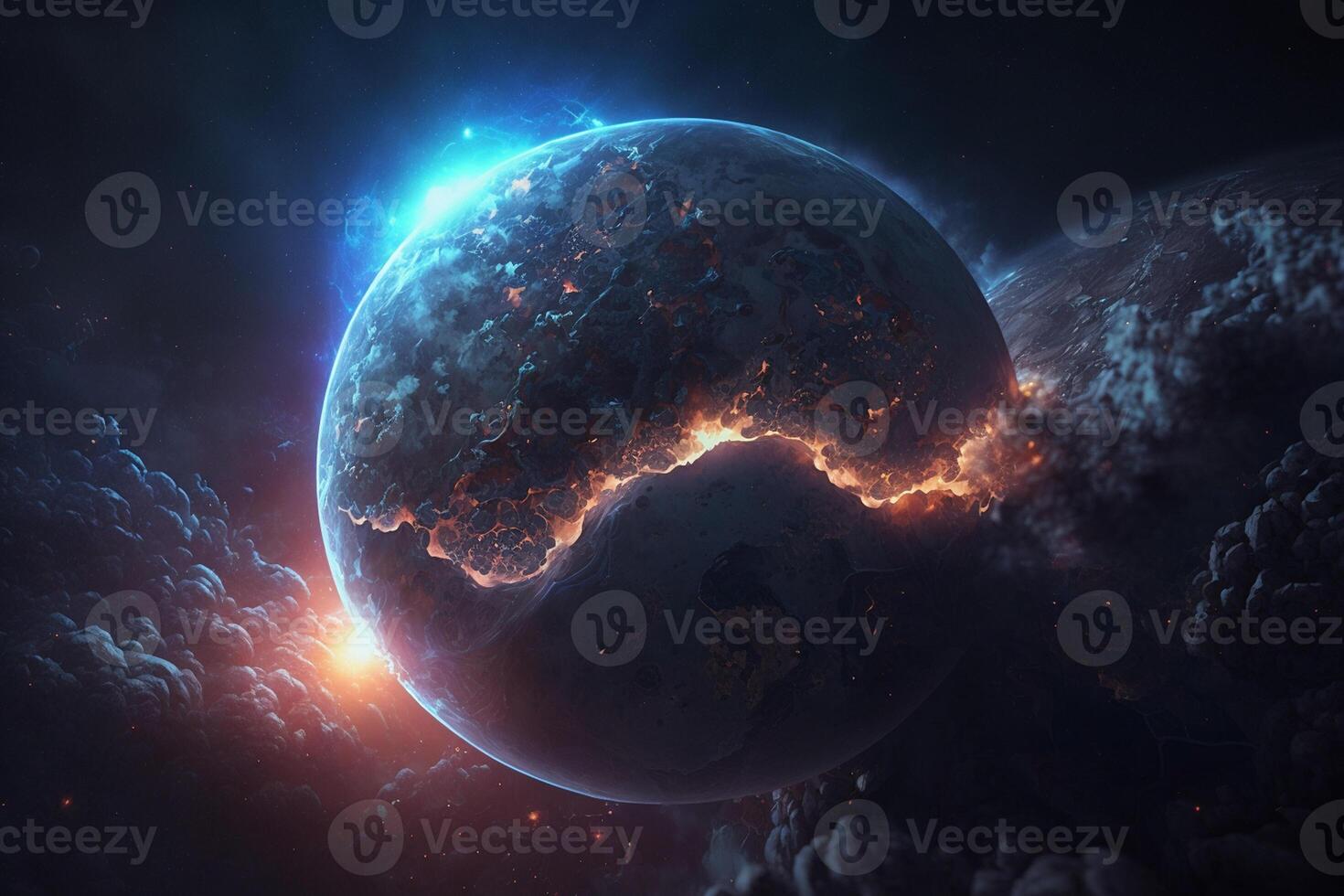 fantasy planet in space with sun rays and stars photo
