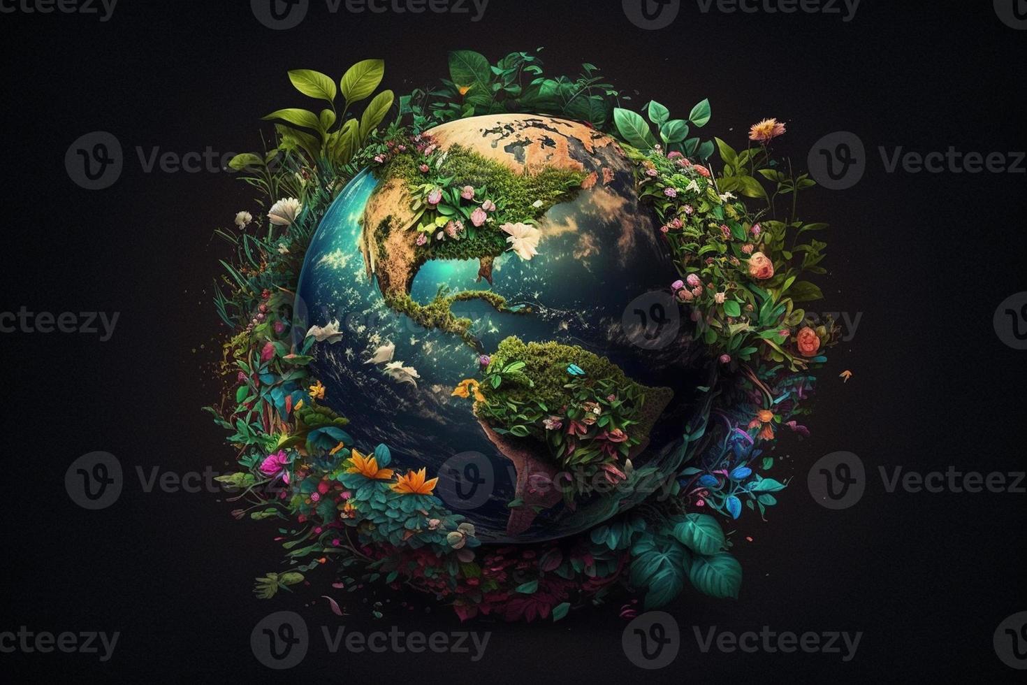 Planet earth surrounded by flowers and leaves realistic 3D photo manipulation AI generate