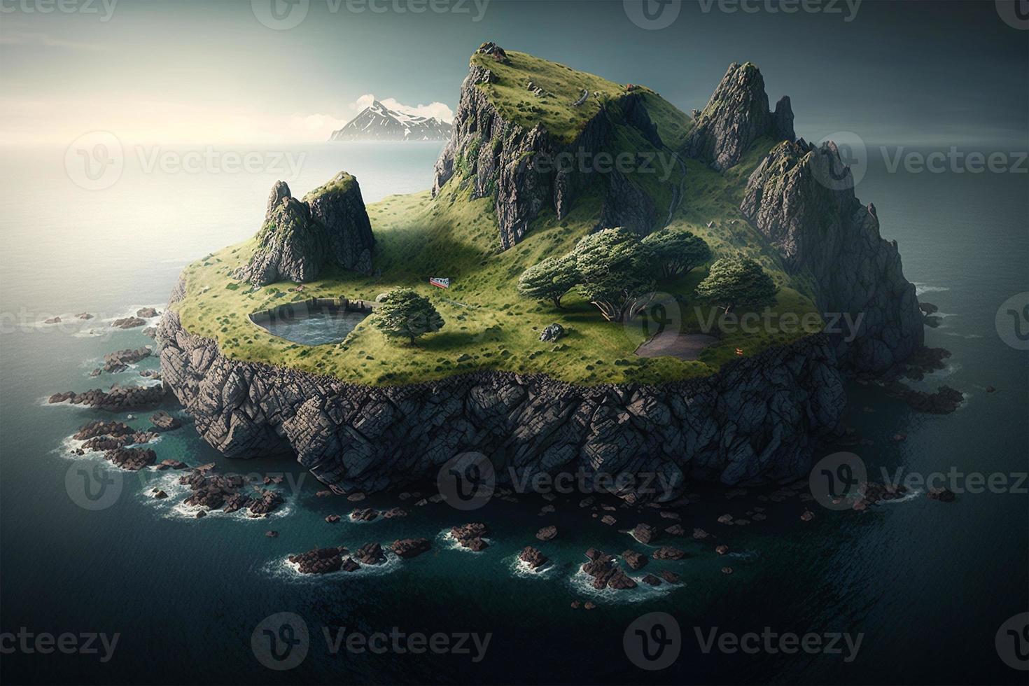 Beautiful island with small lake and ocean manipulation image  AI Generate photo