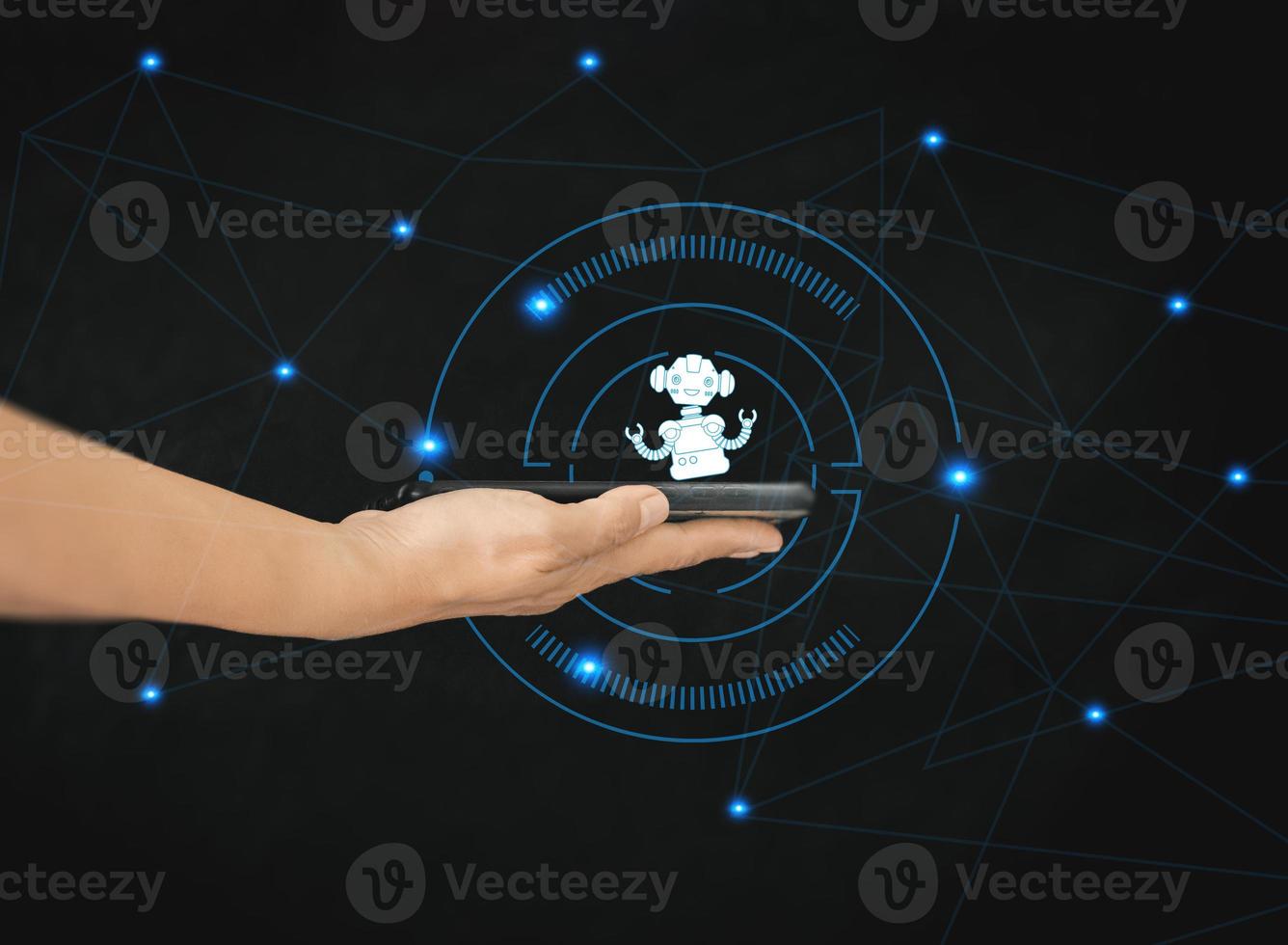 AI chat bot communicate and answer question to businessman with smart solution idea. Artificial Intelligence powered system provide detail conversation interface to assist user making best decision. photo