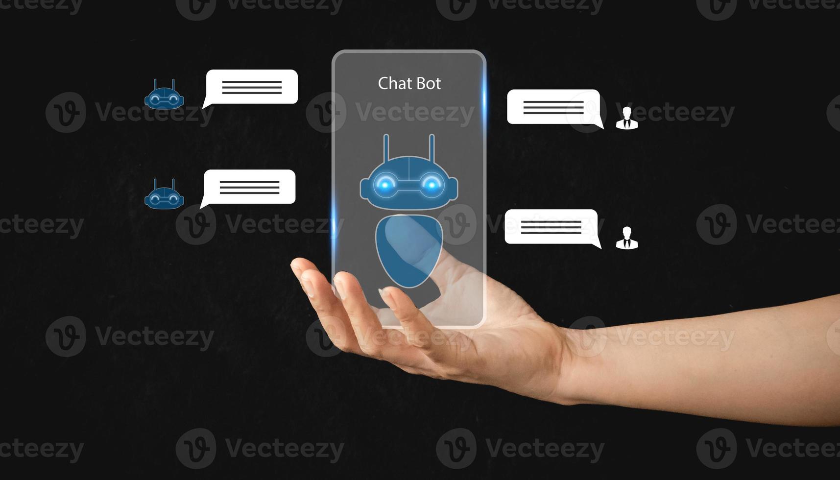 concept. Hand touching digital chatbot for provide access to information and data in online network, robot application and global connection, AI, Artificial intelligence, innovation and technology. photo