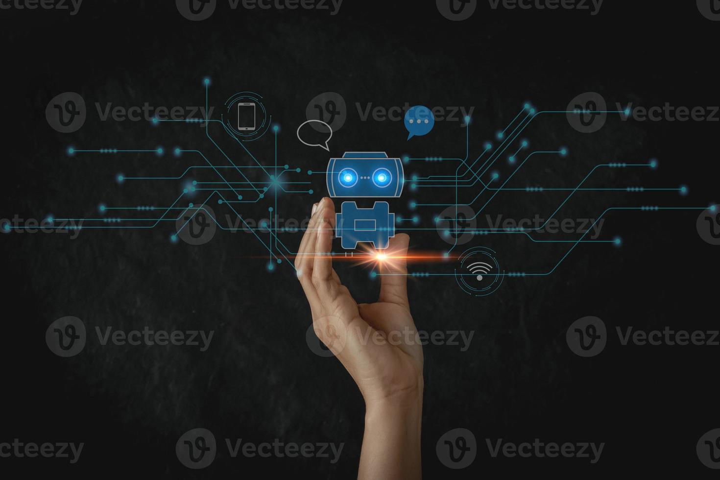 Businesswoman holding a virtual hologram .Hand touching digital chatbot for provide access to information and data in online network, robot application and global connection, conversation AI. photo