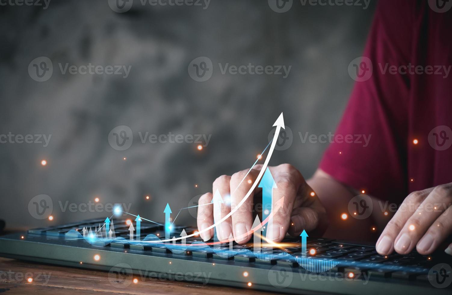 Hand of businesswoman using computer keyboard with rising graph. Success concept. Stock Market Investments Funds and Digital Assets. businessman analyzing forex trading graph financial data. photo