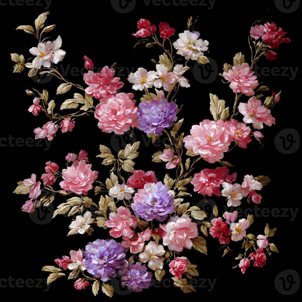 A Bouquet of Colorful Blooms, A Brilliant Bloomscape, A Festive Floral Display,Floral Oil painting on canvas , Still life flowers painting, Designed with artificial intelligence, photo