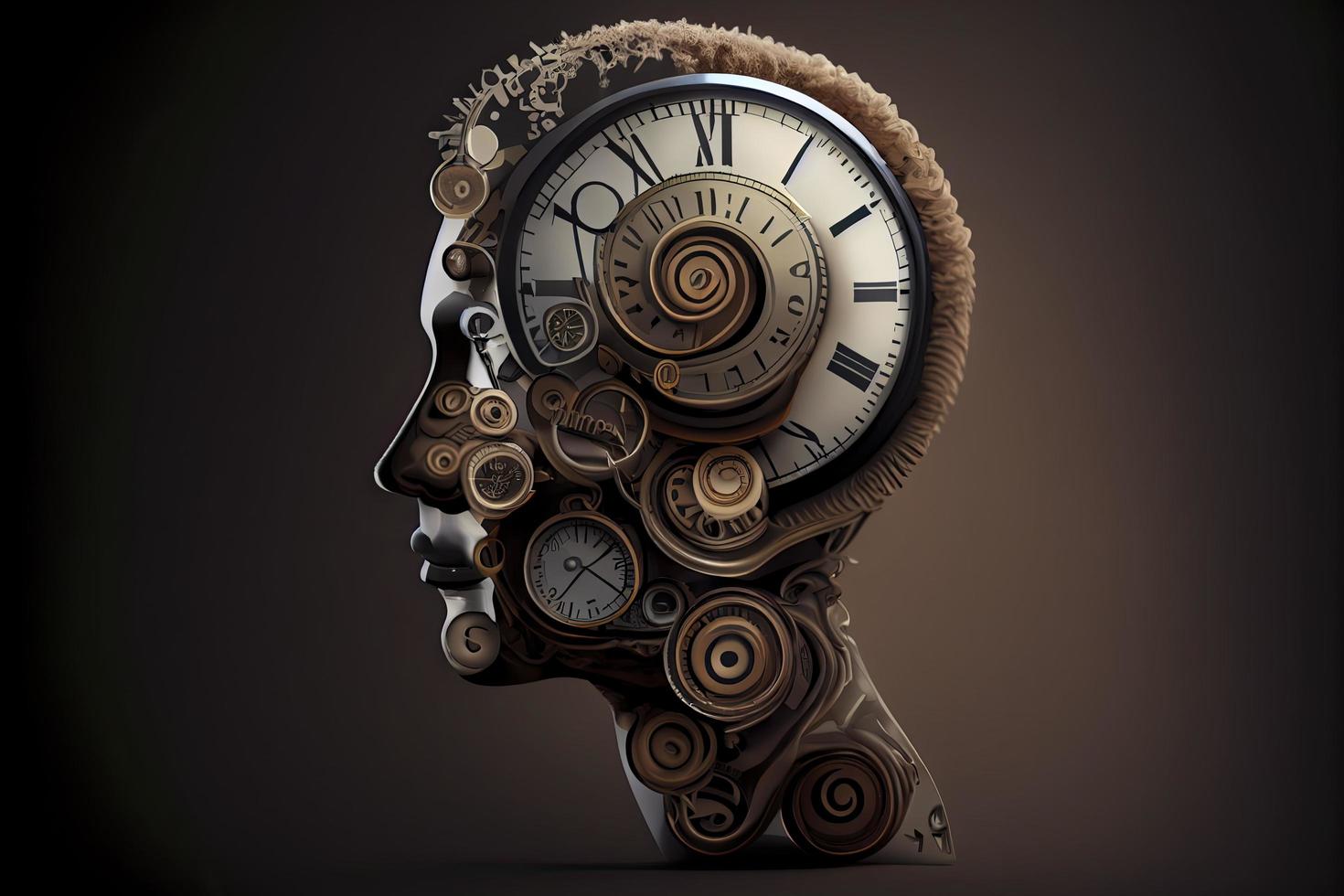 hora a plan y implementar negocio concepto, acción grupo de relojes en el forma de un humano cabeza con un devanado llave con 3d representación elementos foto