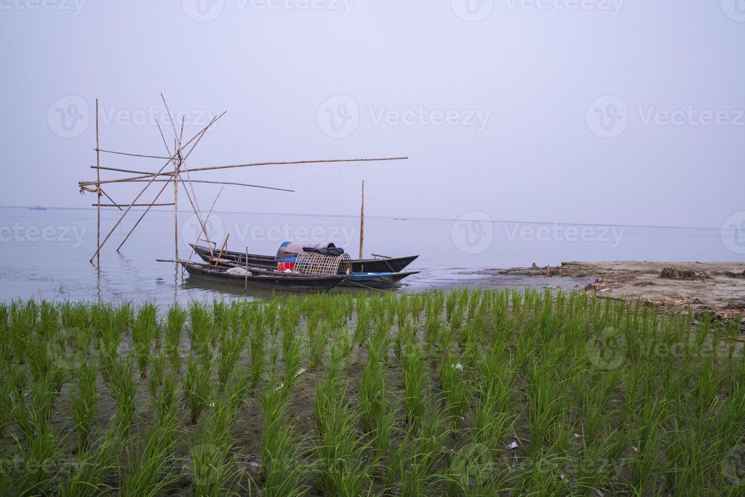 landscape view of Some wooden fishing boats on the shore of the Padma river in Bangladesh photo