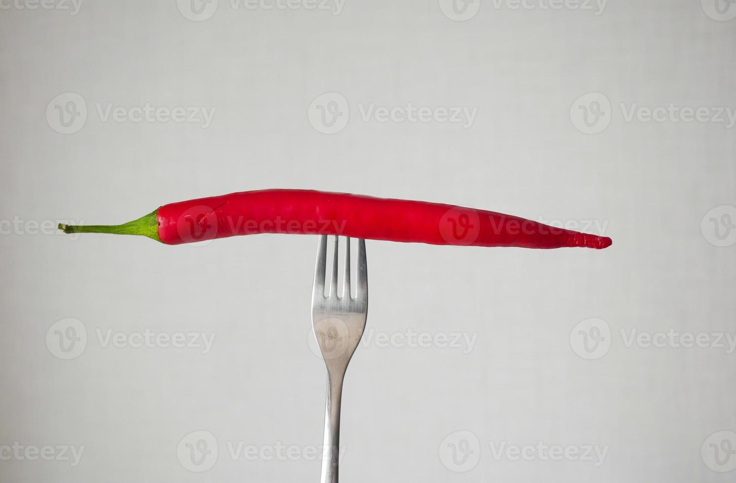 red chili pepper on the fork on white background . photo