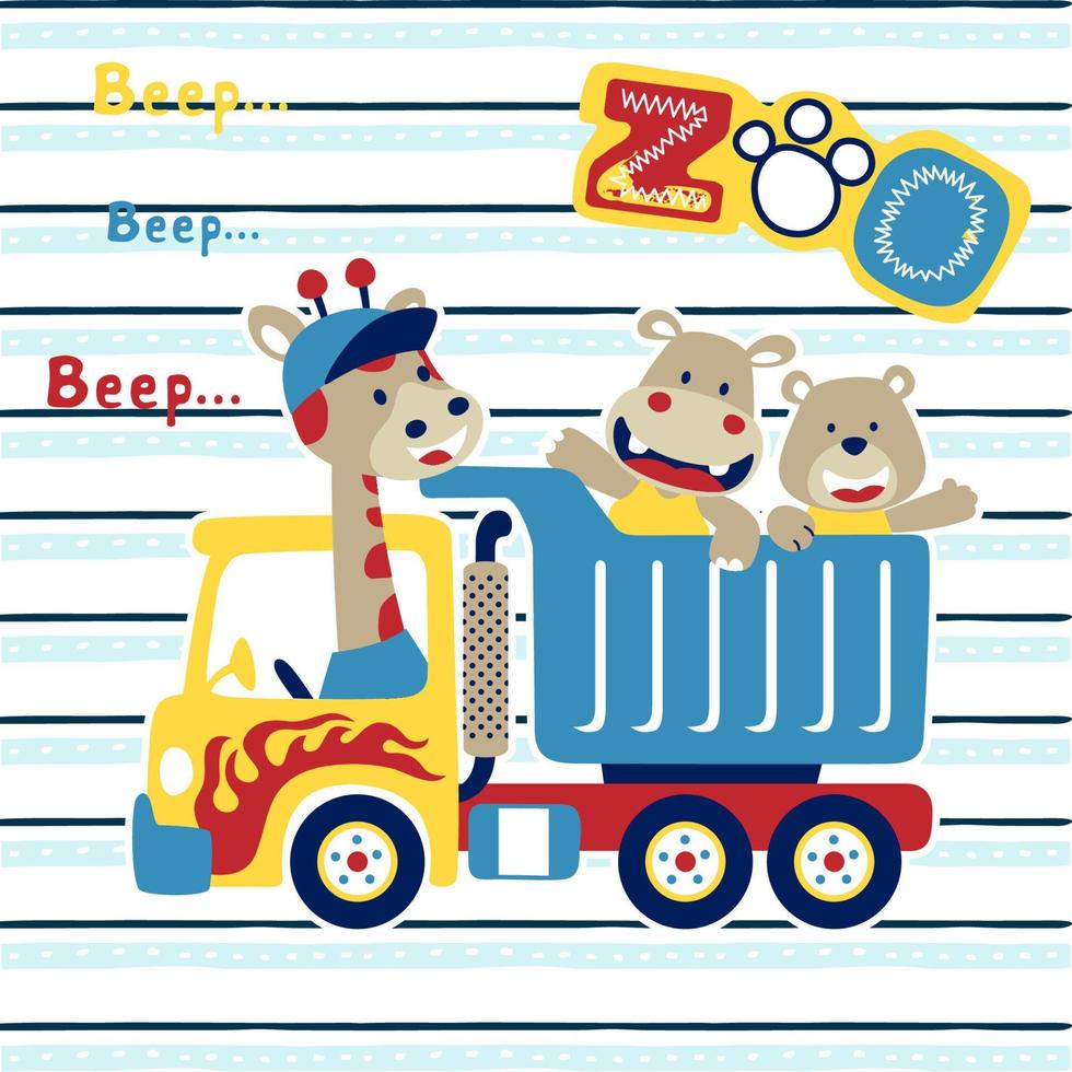 Vector cartoon illustration of funny animals on truck