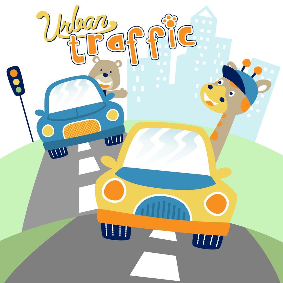 Vector illustration of funny giraffe and bear driving car in city road