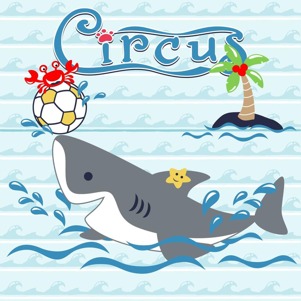Vector cartoon of funny shark with crab and starfish playing soccer on wave background pattern