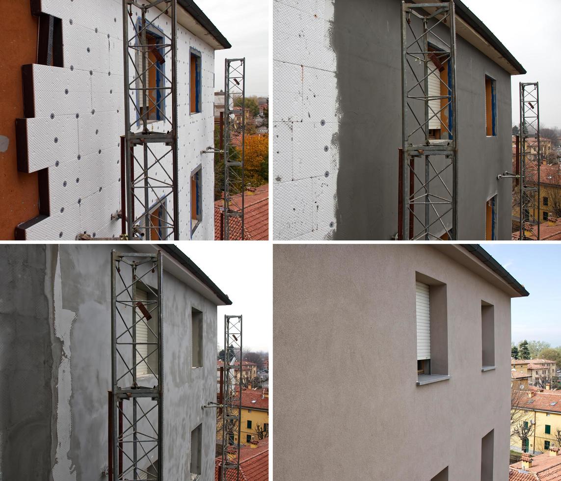 Energy efficiency building wall renovation for energy saving at different points of construction. Insulating panels of molded expanded polystyrene covered. Bologna, Italy. photo