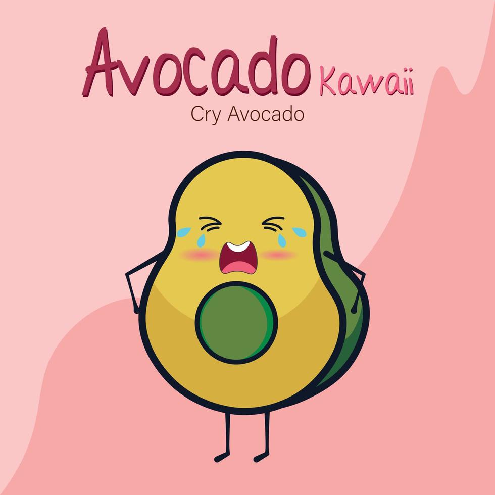 An illustration of a cartoon avocado, sad crying avocado kawaii emoticon vector