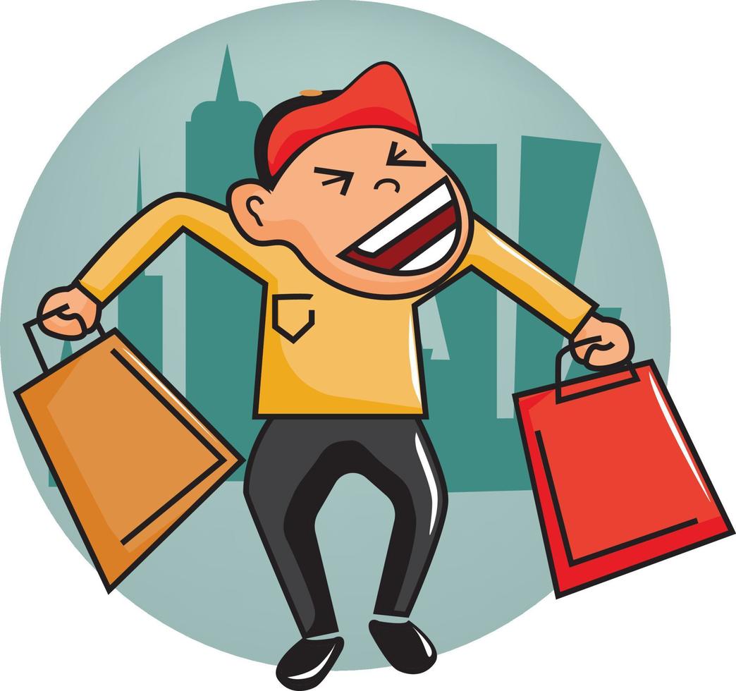 Vector illustration of A man is happy with the shopping bag he's carrying in the metropolitan city.