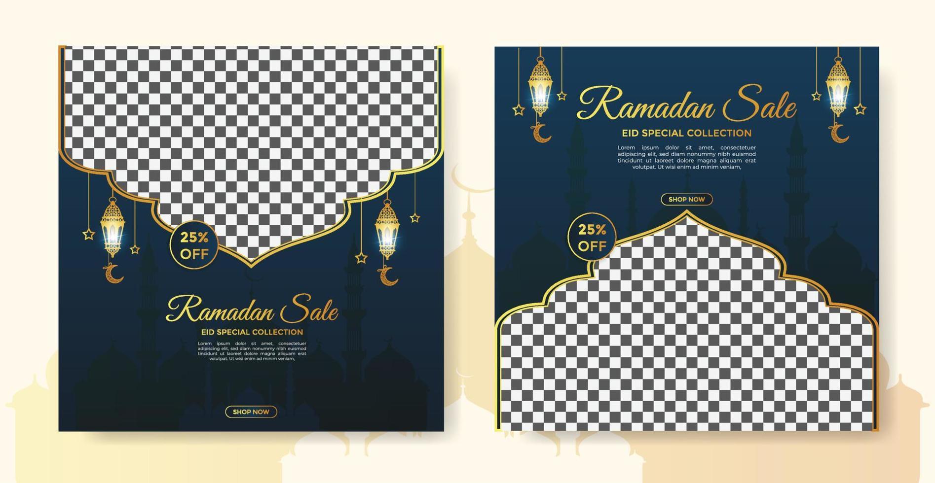 Eid fashion sale banner and Ramadan sale banner, social media post Template, Ramadan Kareem theme Sale square flyer and banner. Big sale bundle Eid ads post, Greeting card Islamic background design vector