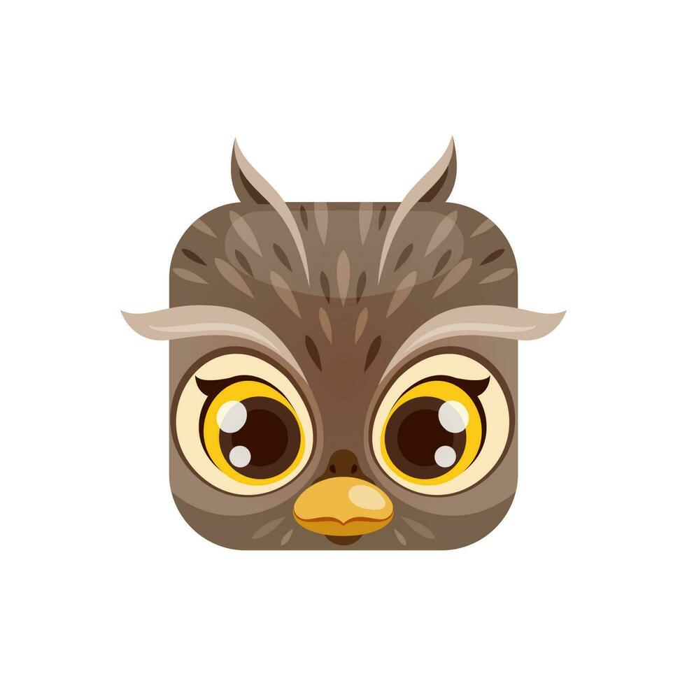 Owl cartoon kawaii square animal face, forest bird vector